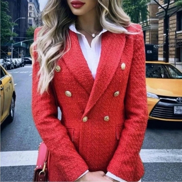 ZARA RED TEXTURED TWEED DOUBLE-BREASTED BLAZER size XS Kate Middleton - Picture 10 of 16